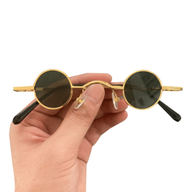 Round Sunglasses Polarised Sunglasses Small Circle Wire Metal Frame Flat Lens (Color: Gold)