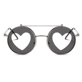 Personality flip sunglasses female love photo glasses retro round double layer sunglasses male (Color: silver frame white)