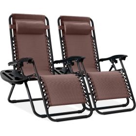 Set of 2 Adjustable Steel Mesh Zero Gravity Lounge Chair Recliners w/Pillows and Cup Holder Trays - American Flag (Color: Brown)